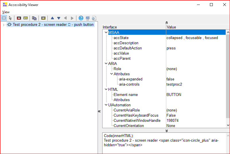 Accessibility information for currently selected element