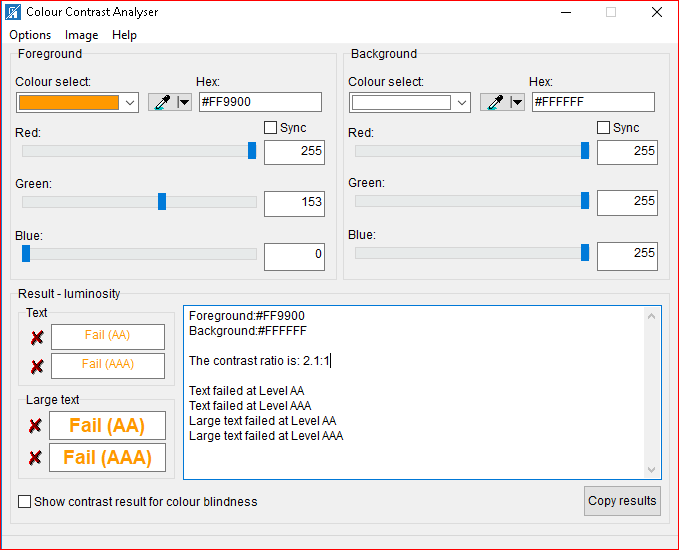 Displaying values that fail minimum contrast requirements