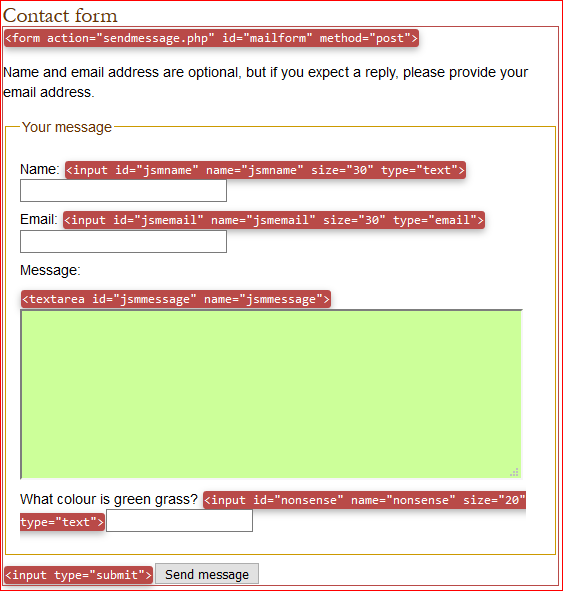 Form control details highlighted on page